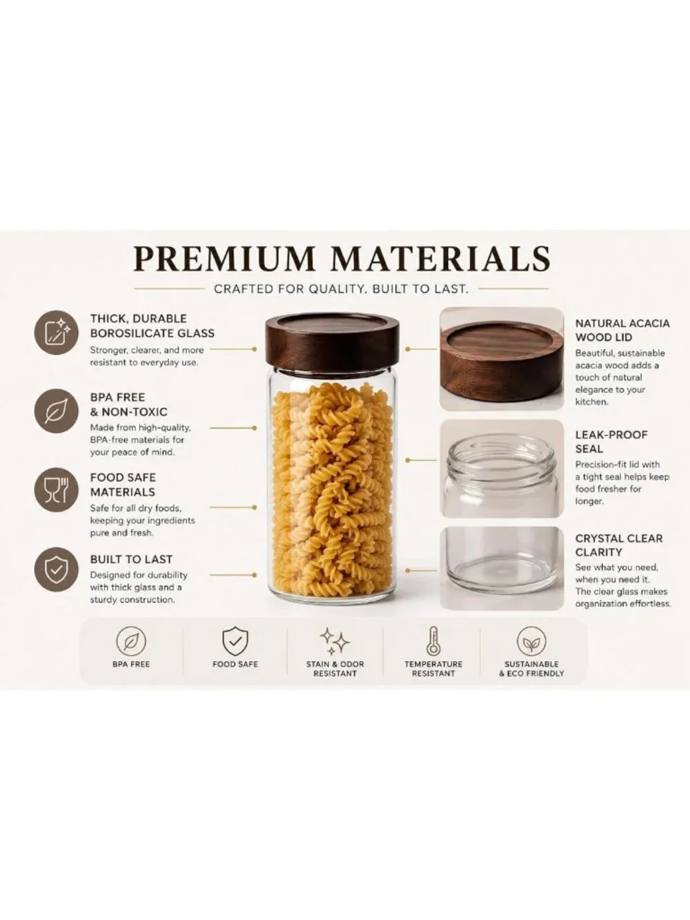 Wide Mouth Glass Storage Jars with Acacia Wood Lids - 6 Pack Airtight Food
